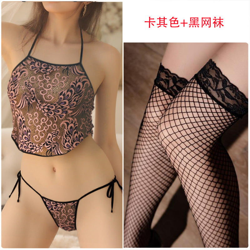 Image of Erotic lingerie lace hollow embroidery adult belly pocket sexy women's suit seduces couples fun pure desire wind teasing